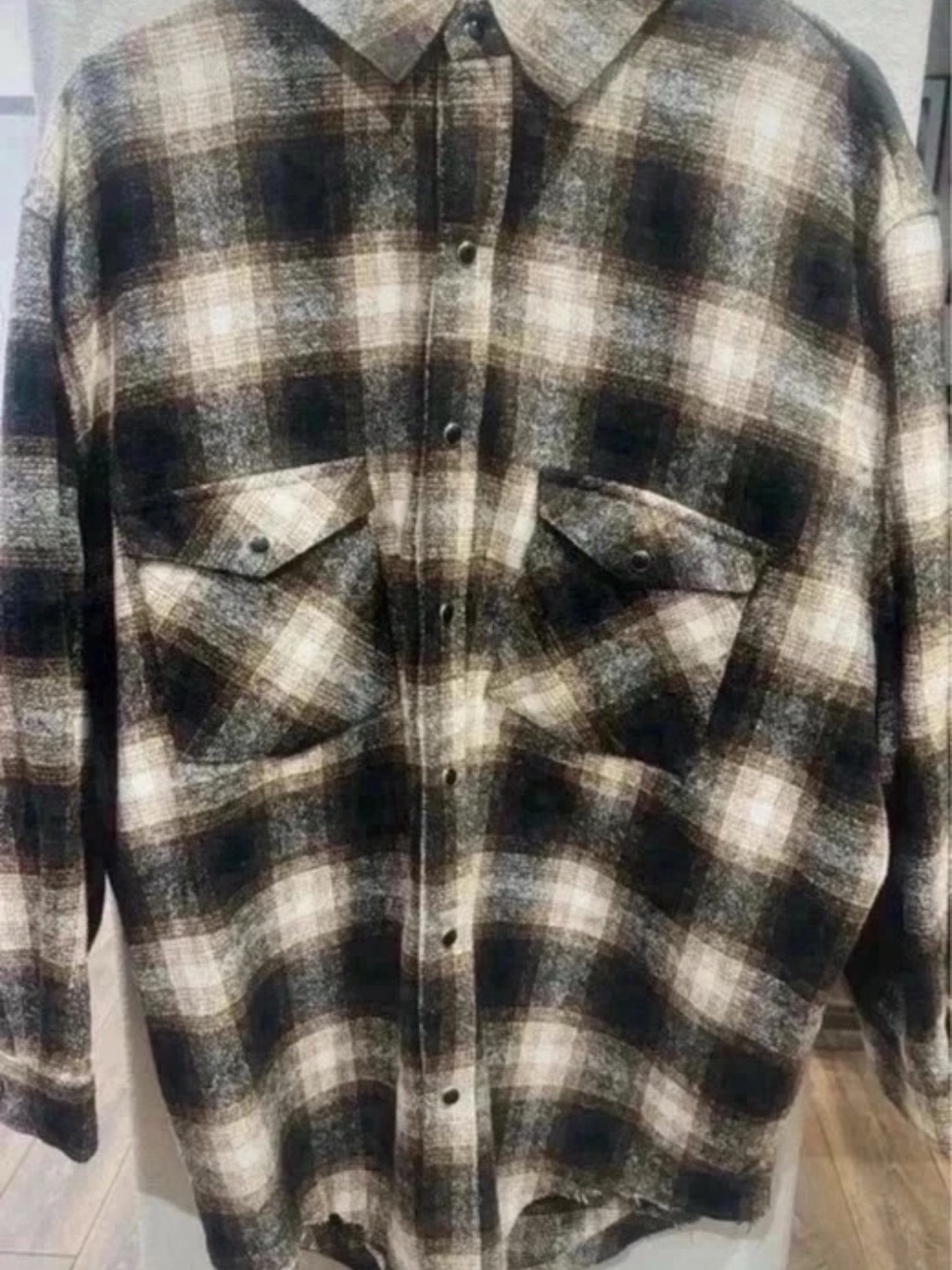 Women's Black and Cream Plaid Button-Down Shirt Jacket
